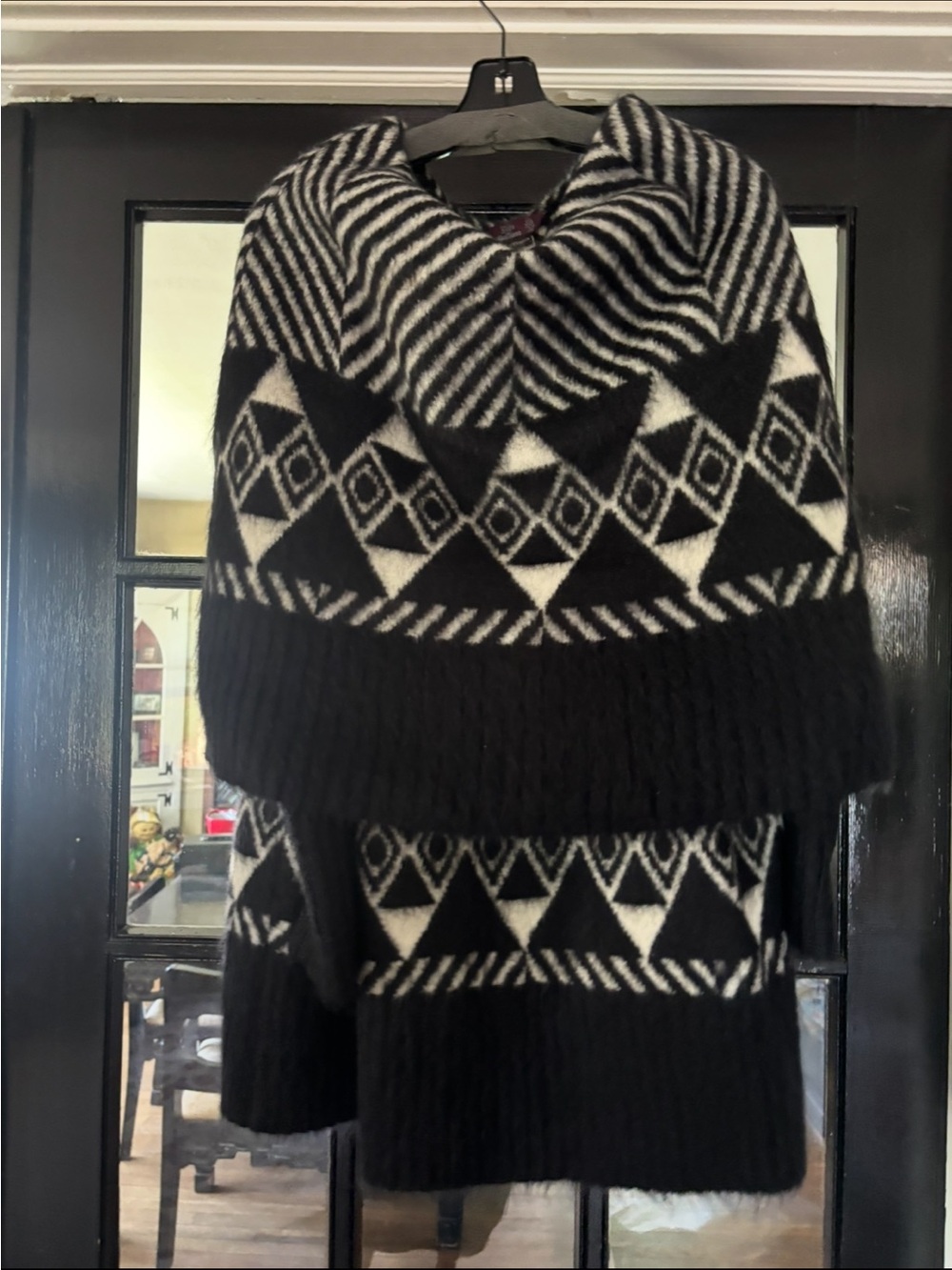 John Galliano Black and White Geometric Knit Poncho